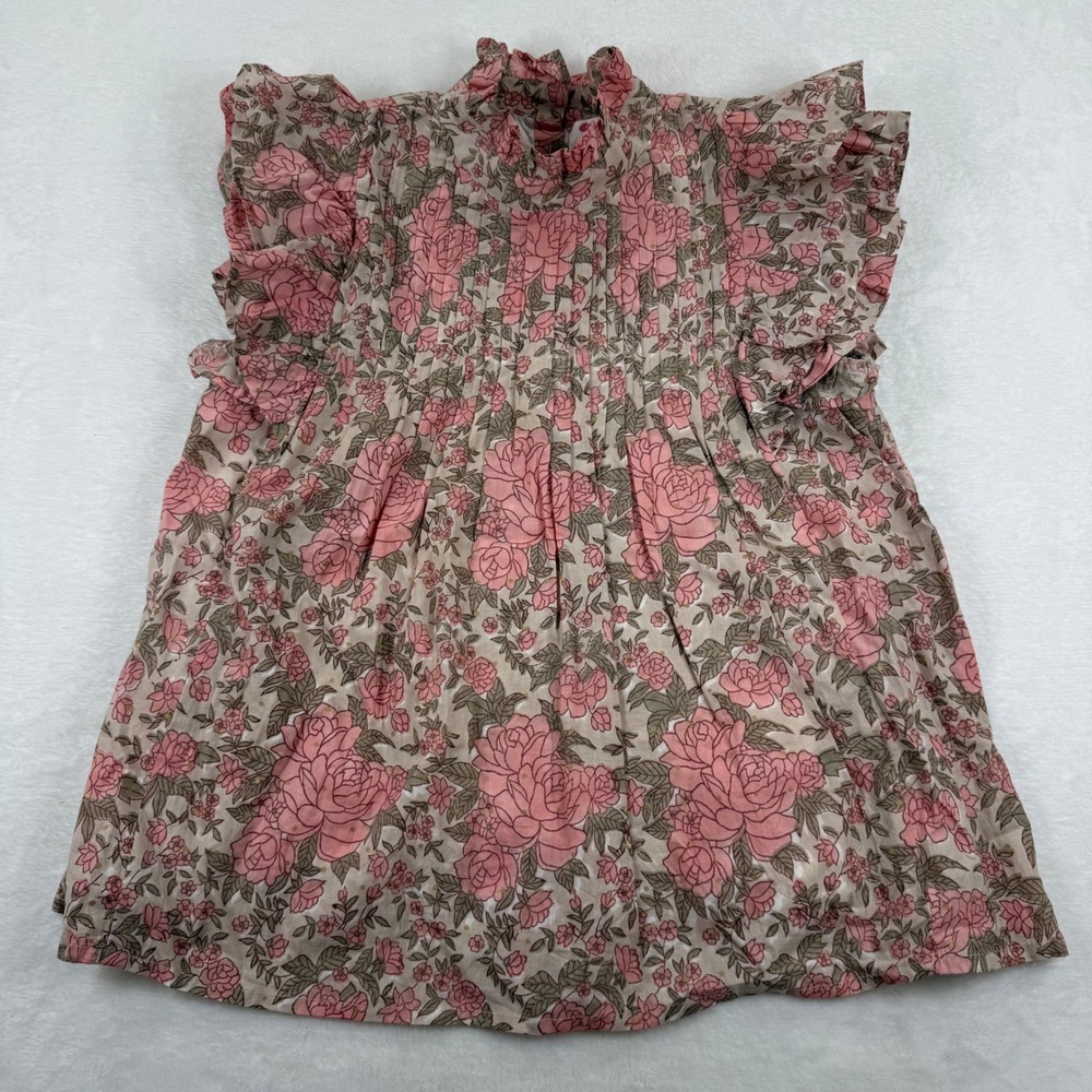 Victoria Dunn Pink Floral Pintuck Ruffle Flutter Sleeve Cotton Blouse Top XS
